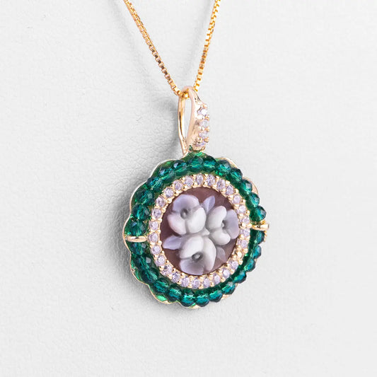 Cameo Pendant Flowers and Green Zircons