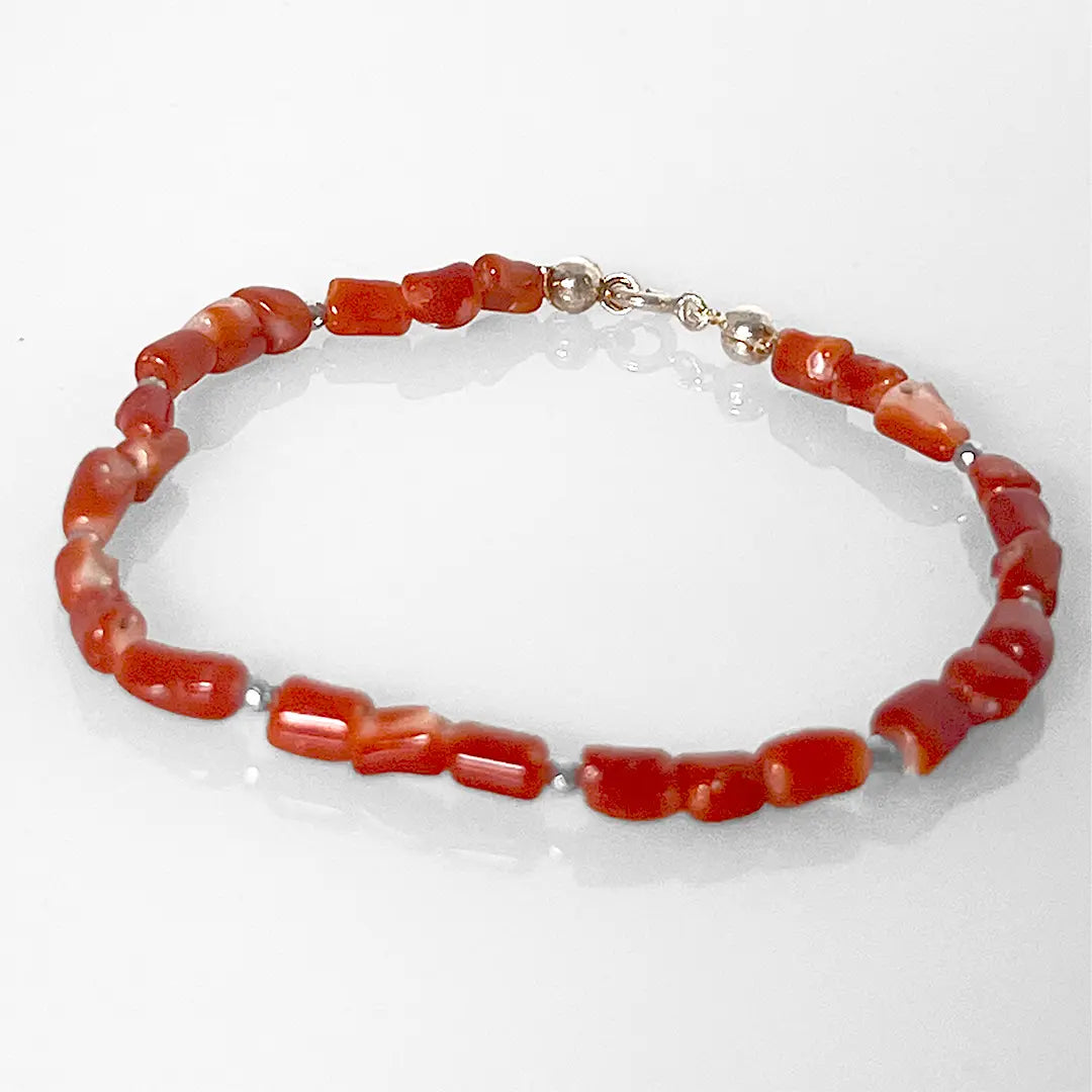 Coral Bracelet Interspersed with Silver Micro Spheres