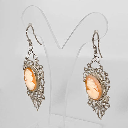 Filigree Silver Earrings with Cameo Profile Woman