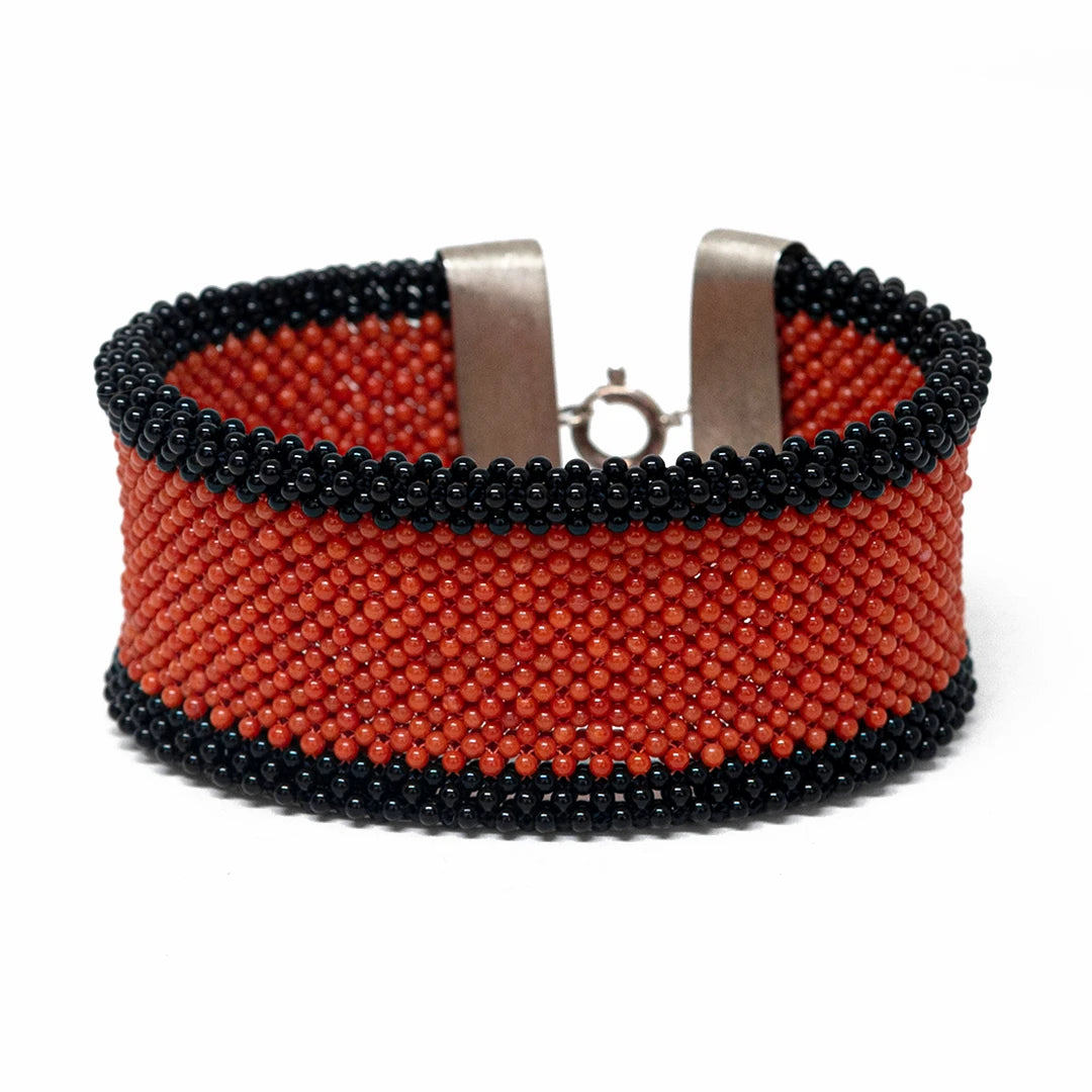 Bracciale Tessito Corallo Rosso e Onice