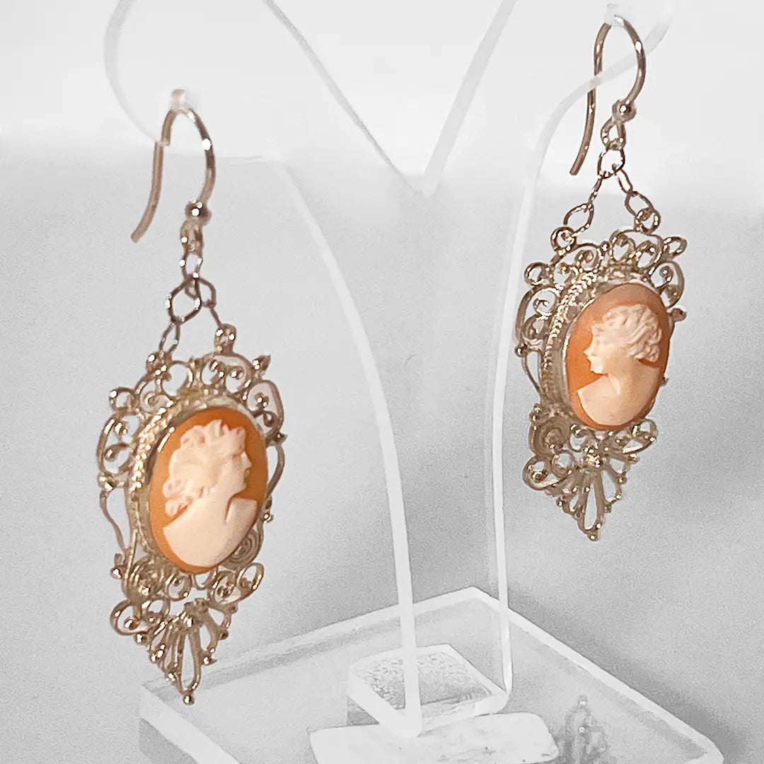 Filigree Silver Earrings with Cameo Profile Woman