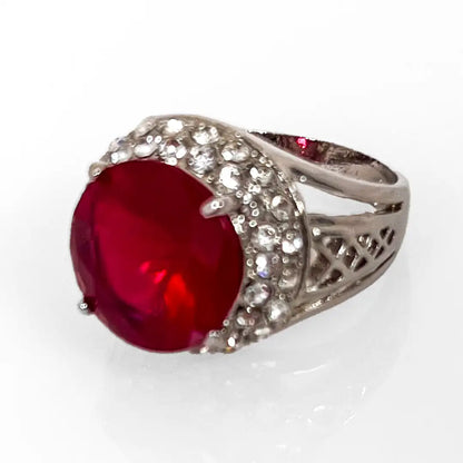 Silver Ring with Red Stone and Zircons 