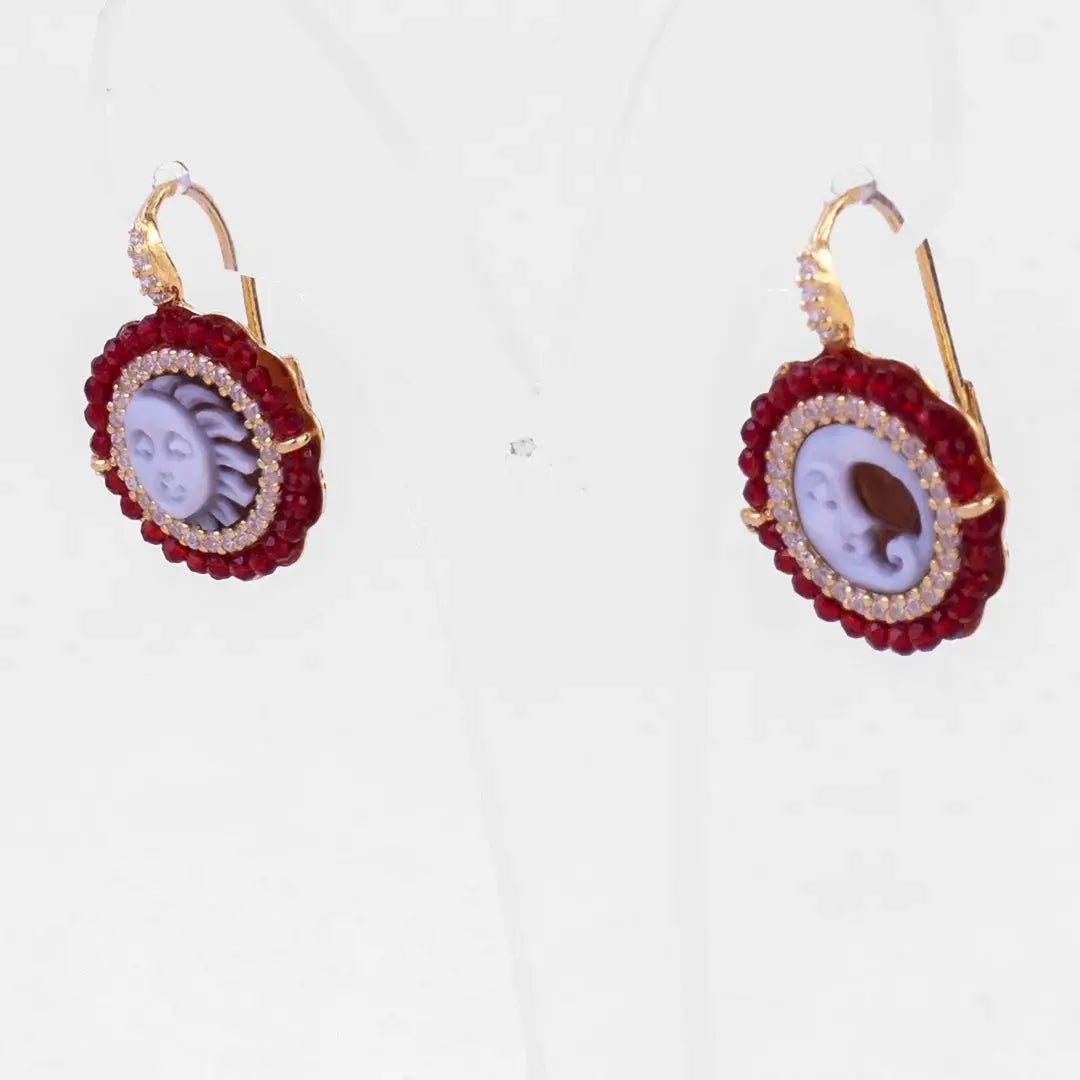 Sun and Moon Cameo Earrings with Red Zircons