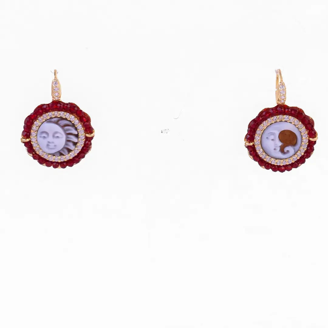 Sun and Moon Cameo Earrings with Red Zircons