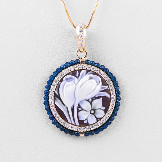 Cameo Pendant Flowers and Blue Zircons