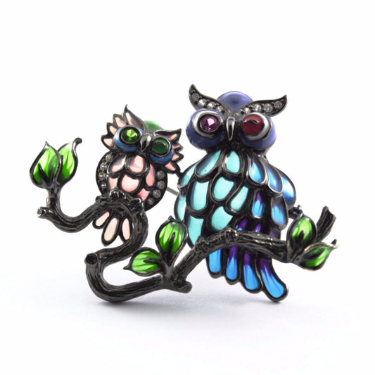 Brooch with owls entirely in enamelled silver and zircons