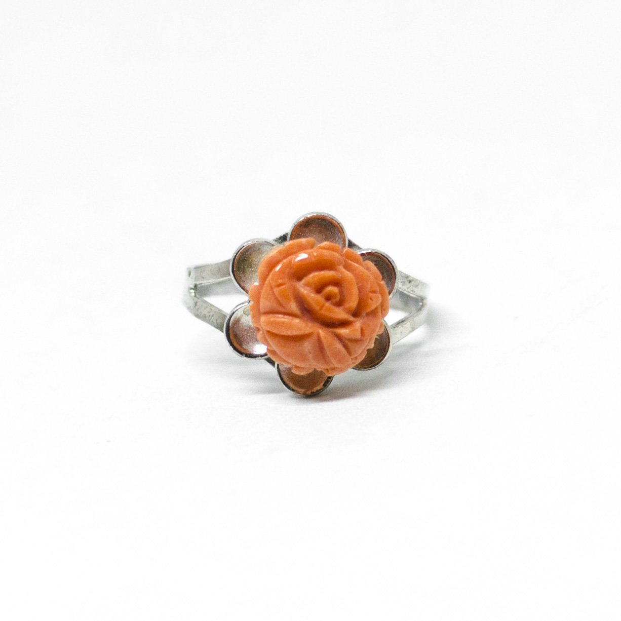 Orange Coral Ring Rose Carved