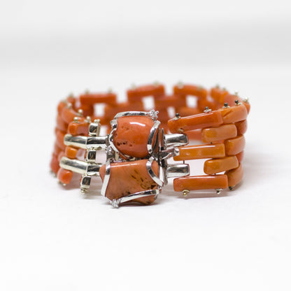 Orange coral and silver bracelet