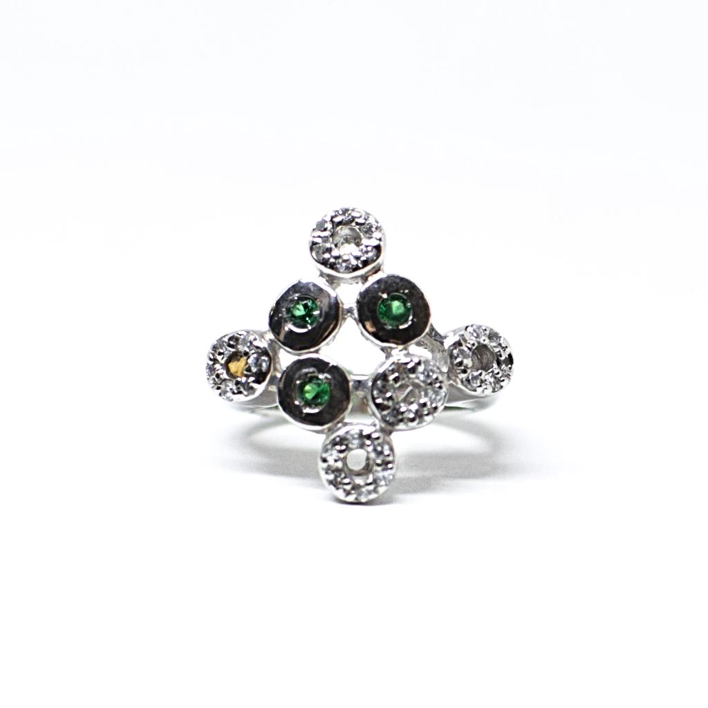 Silver and Green and White Zircon Ring